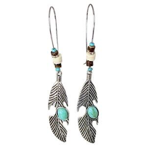 Silver Tone Faux Turquoise Long Dangle Native Earrings 3.5" Boho Chic Bohemian